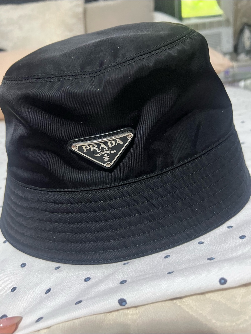 Prada Black Nylon Bucket Hat with Triangle Metal Logo